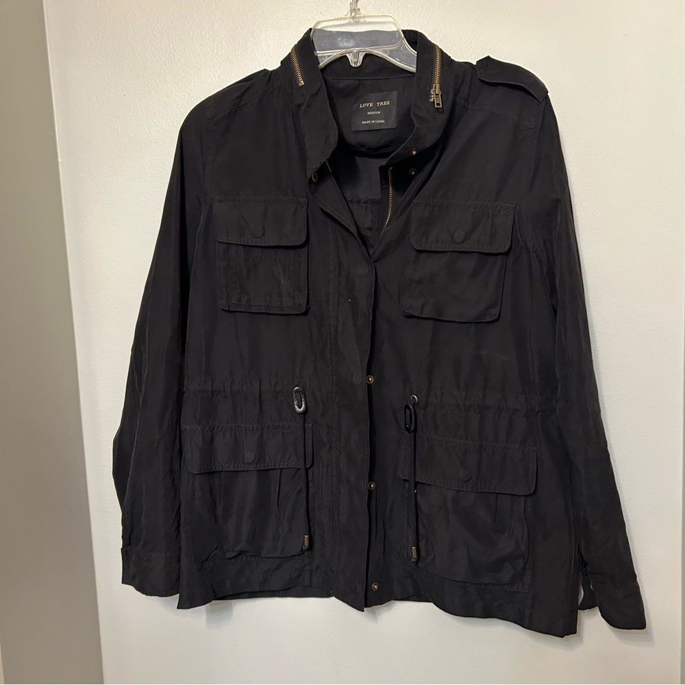 Love Tree‎ Zip Snap Multi Pocket Jacket M Medium Drawstring Waist Black Fall